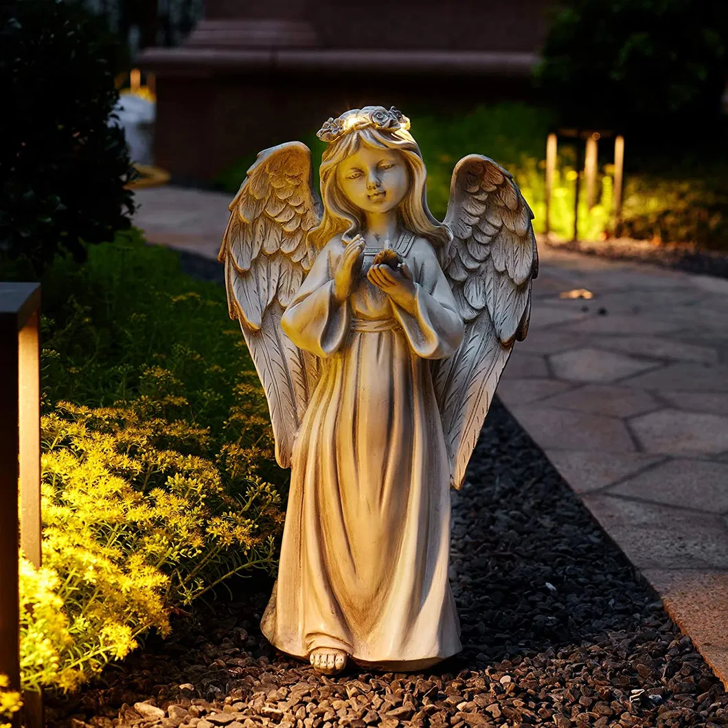 Angel Girl Statue Polyresin with Battery Powered LED Flower Lights