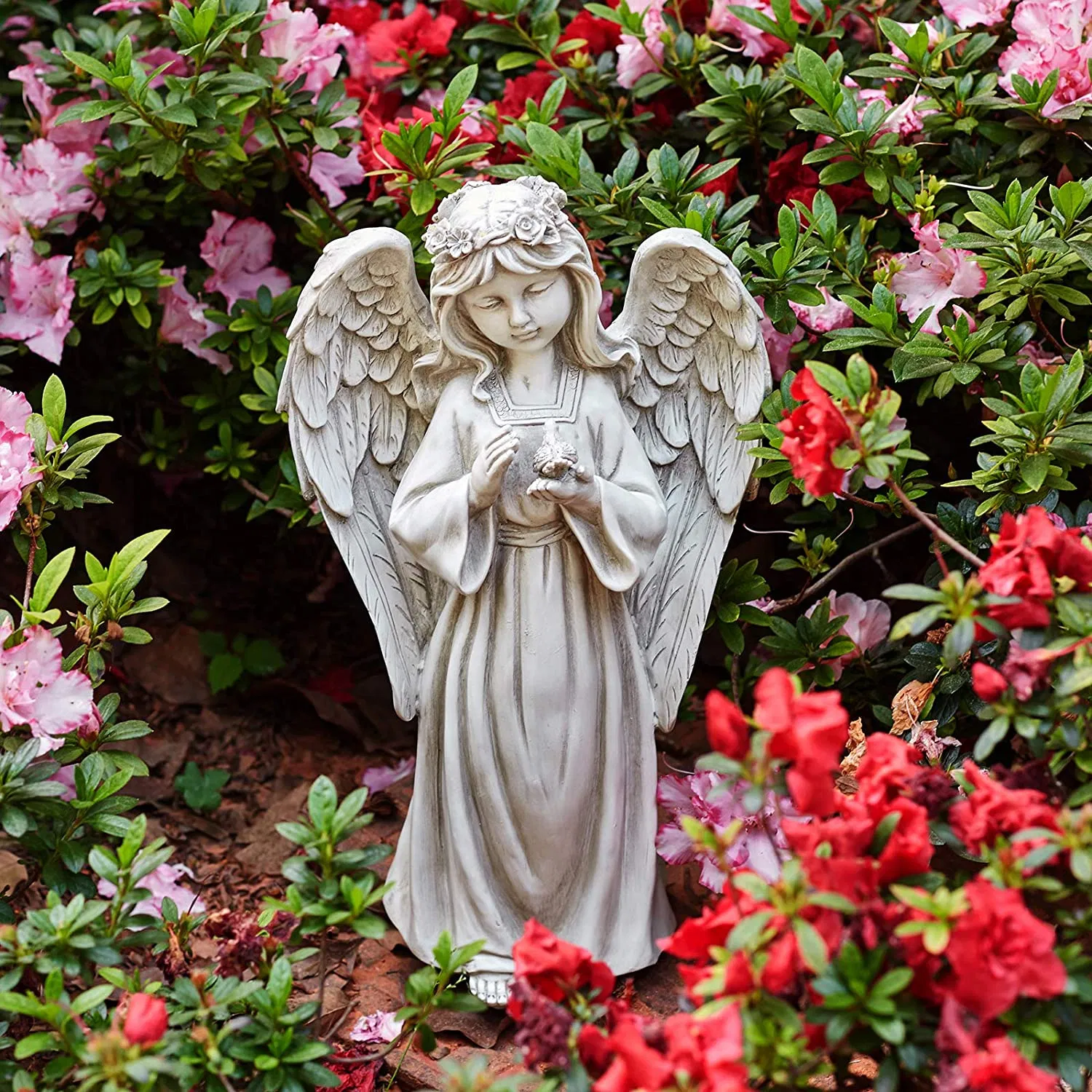 Angel Girl Statue Polyresin with Battery Powered LED Flower Lights