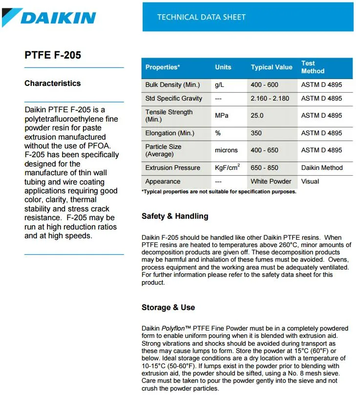 Daikin Polyflon PTFE F-205/F-207/F-208 (F205/F207/F208) Polytetrafluoroethylene Resin