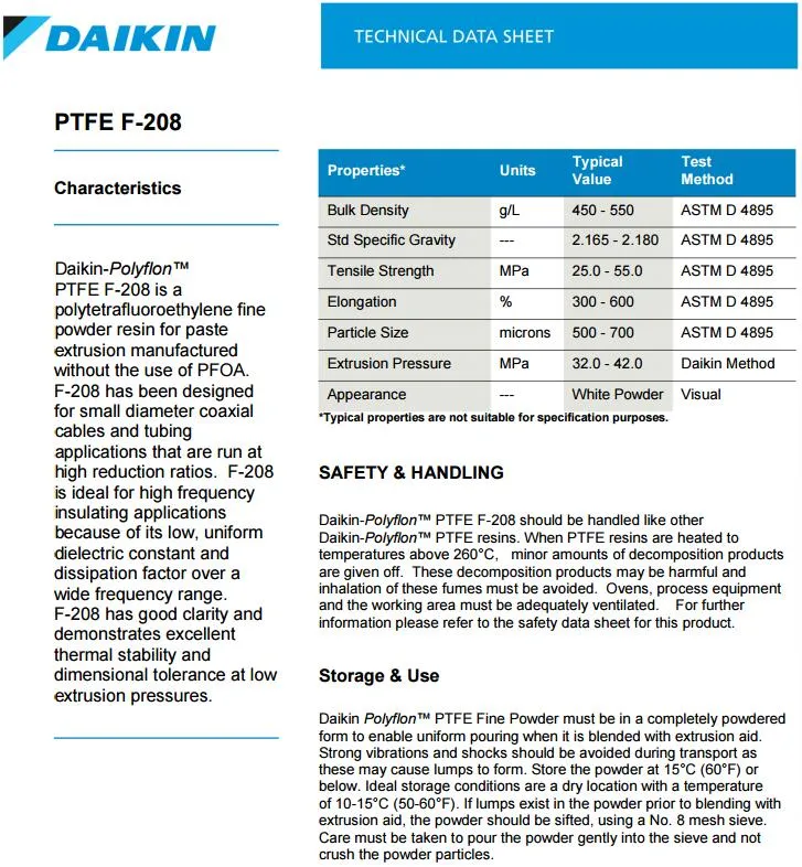Daikin Polyflon PTFE F-205/F-207/F-208 (F205/F207/F208) Polytetrafluoroethylene Resin