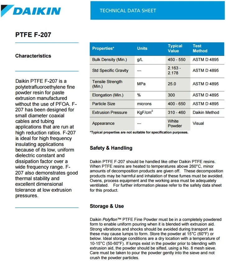 Daikin Polyflon PTFE F-205/F-207/F-208 (F205/F207/F208) Polytetrafluoroethylene Resin