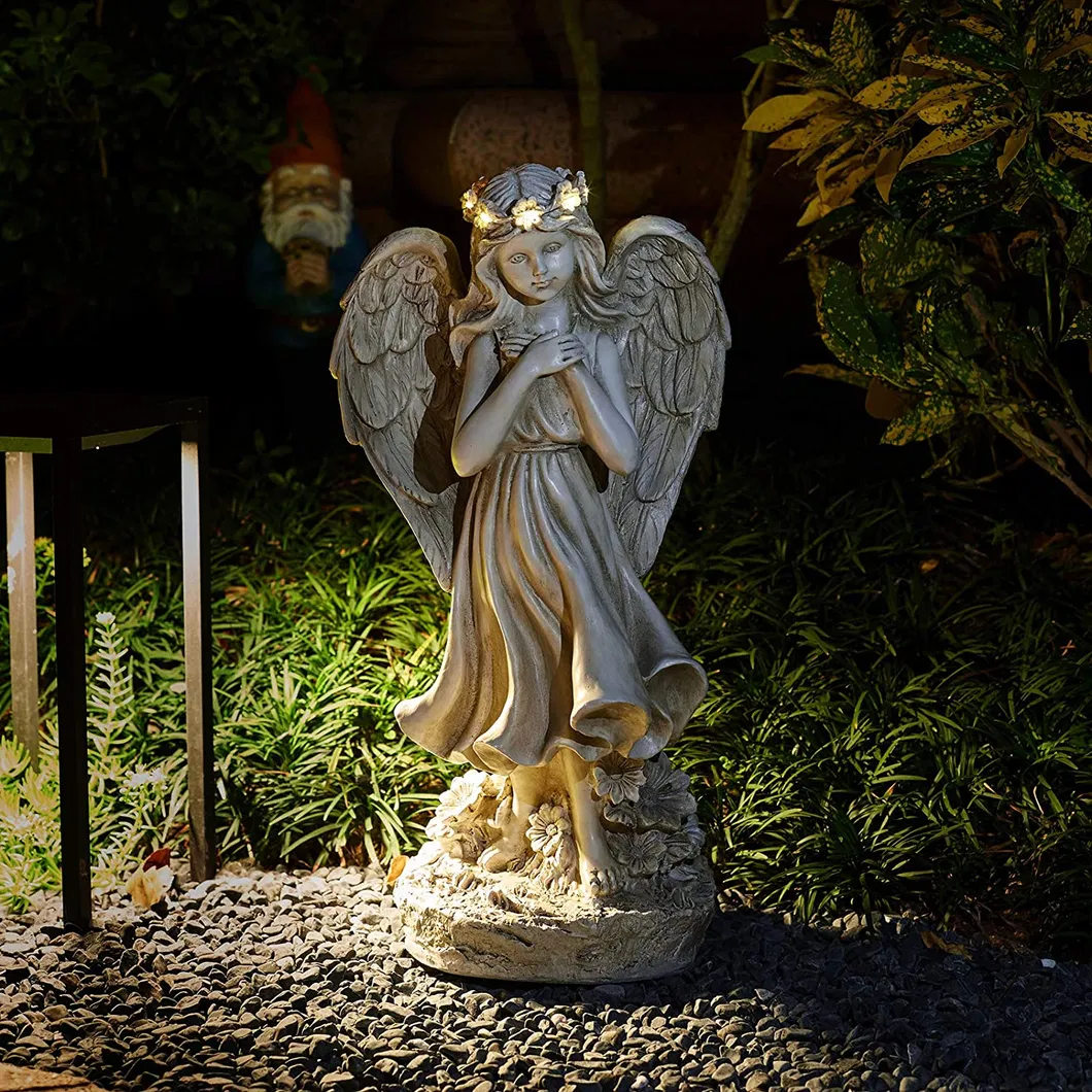 Garden Angel Figurines Polyresin Statue with Powered Battery LED Lights
